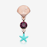 Rose Gold Ariel's Shell Starfish Sparkle Reverse Belly Button Ring-Aurora Borealis/Purple/Aurora Borealis