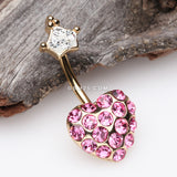 Detail View 2 of Golden Princess Crown Heart Sparkle Belly Button Ring-Clear Gem/Pink