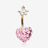 Golden Princess Crown Heart Sparkle Belly Button Ring-Clear Gem/Pink