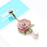 Detail View 3 of Golden Pink Full Blossom Rose Pearlescent Belly Button Ring-Clear Gem