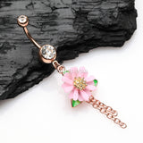 Detail View 2 of Golden Adorable Pink Daisy Sparkle Belly Button Ring-Clear Gem