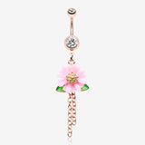 Golden Adorable Pink Daisy Sparkle Belly Button Ring-Clear Gem