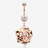 Rose Gold Plated Blossom Belly Button Ring-Clear Gem