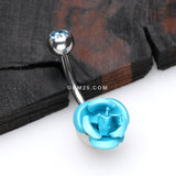 Detail View 2 of Bright Metal Rose Blossom Belly Button Ring-Aqua