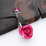 Detail View 2 of Bright Metal Rose Blossom Belly Button Ring-Fuchsia