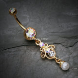 Detail View 2 of Golden Elegant Jeweled Pearl Dangle Belly Button Ring-Aurora Borealis