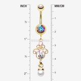 Detail View 1 of Golden Elegant Jeweled Pearl Dangle Belly Button Ring-Aurora Borealis