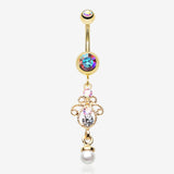 Golden Elegant Jeweled Pearl Dangle Belly Button Ring-Aurora Borealis