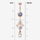 Detail View 1 of Rose Gold Elegant Jeweled Pearl Dangle Belly Button Ring-Aurora Borealis