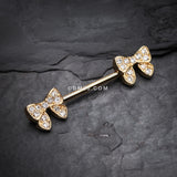 Detail View 1 of A Pair of Golden Dainty Bow-Tie Sparkle Nipple Barbell Ring-Clear Gem