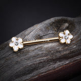 Detail View 1 of A Pair of Golden Plumeria Flower Sparkle Nipple Barbell-White/Clear