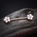 Detail View 1 of A Pair of Rose Gold Plumeria Flower Sparkle Nipple Barbell-White/Clear