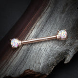 Detail View 1 of A Pair of Rose Gold Sprinkle Dot Multi-Gem Sparkle Prong Set Nipple Barbell-Aurora Borealis