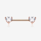 A Pair of Rose Gold Brilliant Heart Sparkle Prong Set Nipple Barbell-Clear Gem