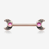 A Pair of Rose Gold Filigree Crescent Moon Sparkle Nipple Barbell