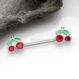 Detail View 1 of A Pair of Juicy Cute Cherry Sparkles Nipple Barbell-Red/Green