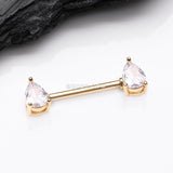 Detail View 1 of A Pair of Golden Brilliant Teardrop Prong Sparkle Nipple Barbell-Clear Gem