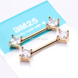 Detail View 2 of A Pair of Golden Princess Cut Square Sparkle Gem Nipple Barbell-Clear Gem