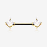 A Pair of Golden Princess Cut Square Sparkle Gem Nipple Barbell-Clear Gem