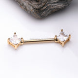 Detail View 1 of A Pair of Golden Princess Cut Square Sparkle Gem Nipple Barbell-Clear Gem