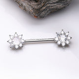 Detail View 1 of A Pair of Glistening Sparkle Flower Multi-Gem Nipple Barbell-Clear Gem