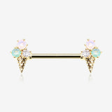 A Pair of Golden Adorable Mixed Flavor Ice Cream Cone Nipple Barbell-Clear Gem/Rose Water Opal/Aqua