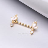 Detail View 1 of A Pair of Golden Elegant Marquise Leaflet Dangle Sparkle Nipple Barbell-Clear Gem