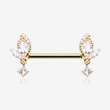 A Pair of Golden Elegant Marquise Leaflet Dangle Sparkle Nipple Barbell-Clear Gem