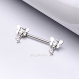 Detail View 1 of A Pair of Butterfly Sparkle Dangle Sparkle Nipple Barbell-Clear Gem