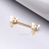 Detail View 1 of A Pair of Golden Butterfly Sparkle Dangle Sparkle Nipple Barbell-Clear Gem