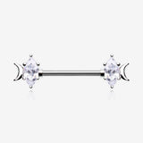 A Pair of Crescent Moon Phase Marquise Sparkle Nipple Barbell-Clear Gem