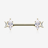 A Pair of Golden Crescent Moon Phase Marquise Sparkle Nipple Barbell