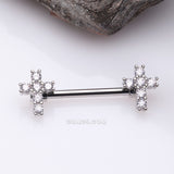 Detail View 1 of A Pair of Brilliant Sparkle Cross Multi-Gem Nipple Barbell-Clear Gem