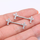 Detail View 2 of A Pair of Brilliant Sparkle Cross Multi-Gem Nipple Barbell-Clear Gem