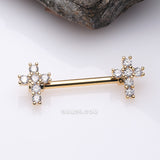 Detail View 1 of A Pair of Golden Brilliant Sparkle Cross Multi-Gem Nipple Barbell-Clear Gem