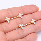 Detail View 2 of A Pair of Golden Brilliant Sparkle Cross Multi-Gem Nipple Barbell-Clear Gem