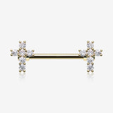 A Pair of Golden Brilliant Sparkle Cross Multi-Gem Nipple Barbell-Clear Gem