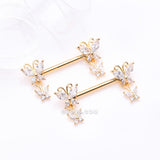 Detail View 1 of A Pair of Golden Marquise Butterfly Duo Sparkle Dangle Nipple Barbell-Clear Gem