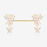 A Pair of Golden Marquise Butterfly Duo Sparkle Dangle Nipple Barbell-Clear Gem
