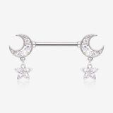 A Pair of Sparkle Crescent Moon Twinkle Dangle Nipple Barbell-Clear Gem