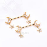 Detail View 1 of A Pair of Golden Sparkle Crescent Moon Twinkle Dangle Nipple Barbell-Clear Gem