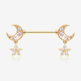 A Pair of Golden Sparkle Crescent Moon Twinkle Dangle Nipple Barbell