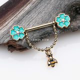Detail View 1 of A Pair of Golden Flower Honey Bee Dangle Chain Nipple Barbell-Aurora Borealis