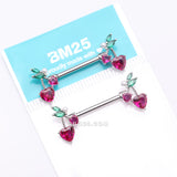 Detail View 3 of A Pair of Sparkle Cherry Heart Delight Nipple Barbell-Fuchsia/Green