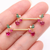 Detail View 2 of A Pair of Golden Sparkle Cherry Heart Delight Nipple Barbell-Fuchsia/Green