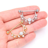 Detail View 2 of A Pair of Turan Laced Multi-Gem Sparkle Dangle Nipple Barbell Ring-Clear Gem