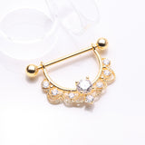 Detail View 1 of A Pair of Golden Turan Laced Multi-Gem Sparkle Dangle Nipple Barbell Ring-Clear Gem