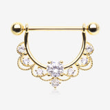 A Pair of Golden Turan Laced Multi-Gem Sparkle Dangle Nipple Barbell Ring-Clear Gem