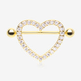 A Pair of Golden Adorable Multi-Gem Heart Sparkle Shield Nipple Barbell Ring-Clear Gem
