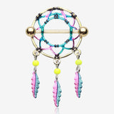 Golden Dreamcatcher Feather Nipple Shield Ring-Rainbow/Multi-Color